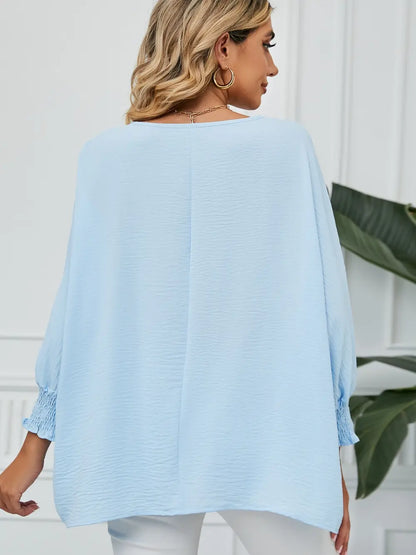Smocked Lantern Sleeve Round Neck Blouse Fitggins