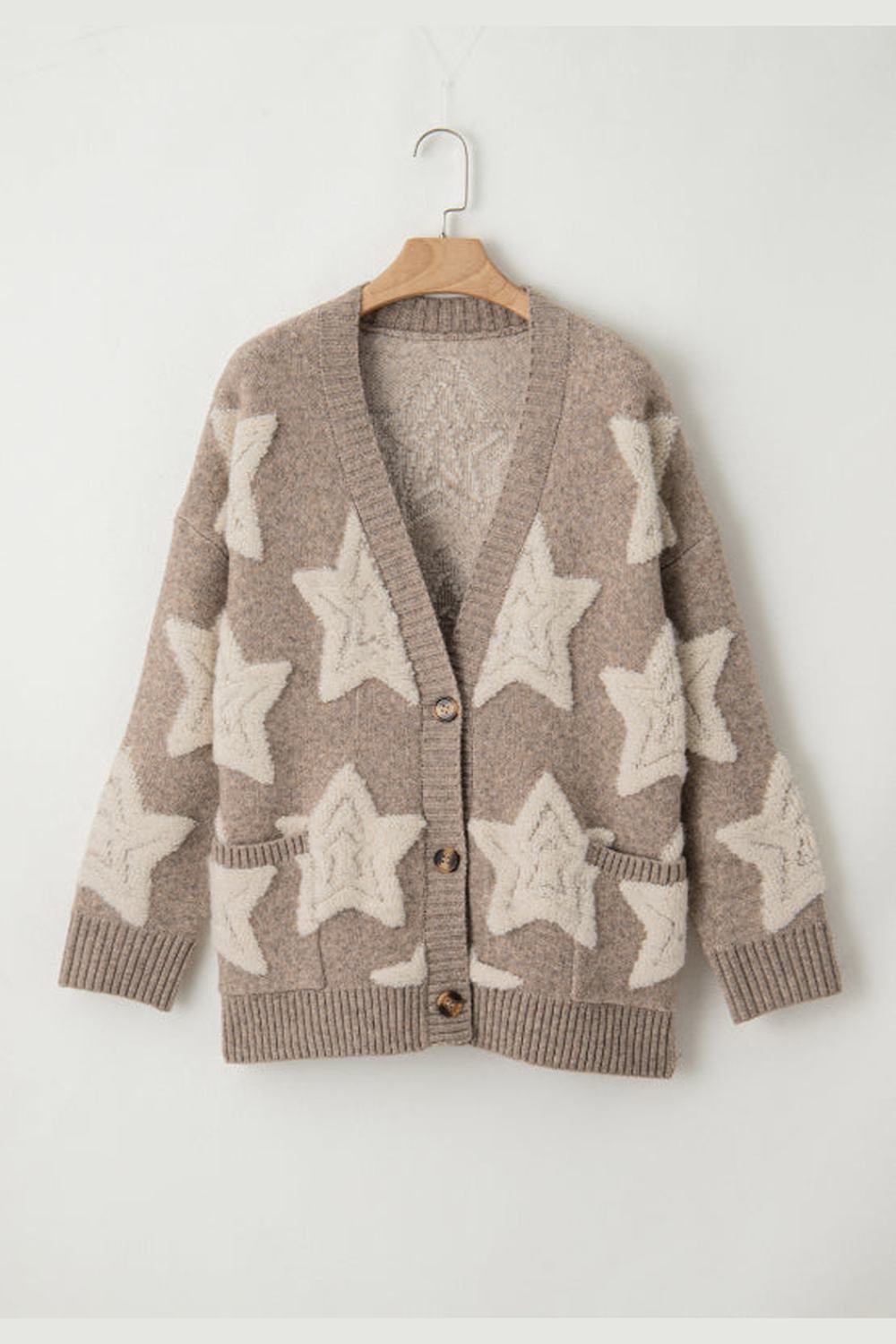 Sherpa Star V-Neck Cardigan with Pockets - Cardigans - FITGGINS