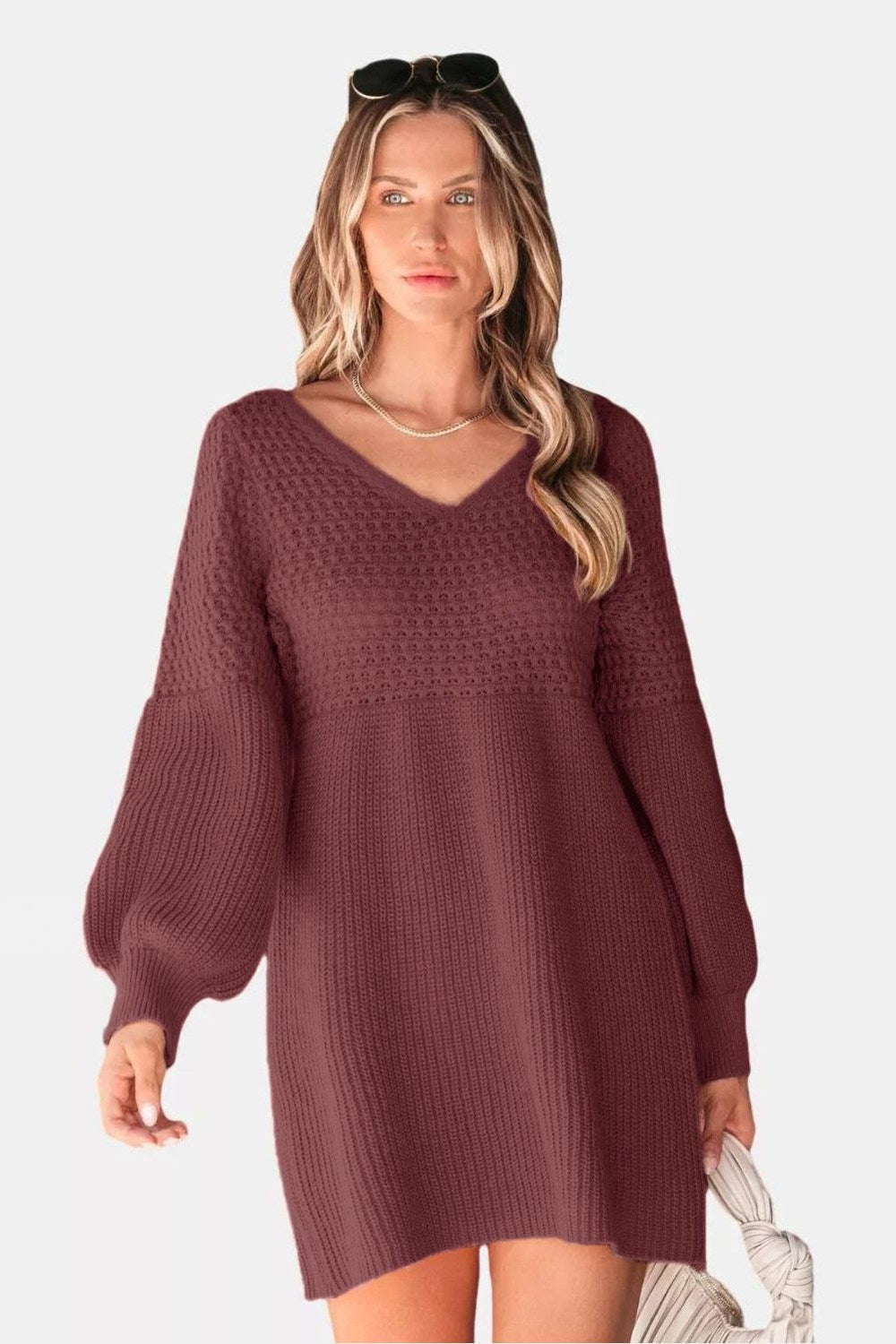 Perfee V-Neck Long Sleeve Sweater Dress - Sweater Dresses - FITGGINS