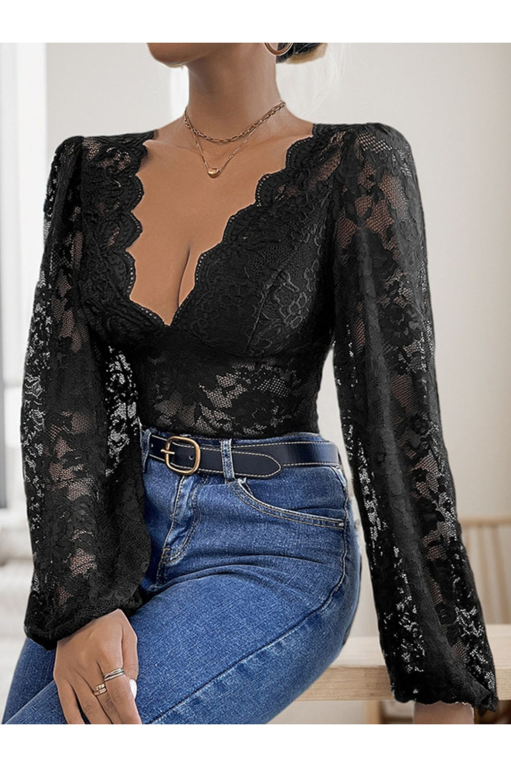 Lace Plunge Long Sleeve Bodysuit