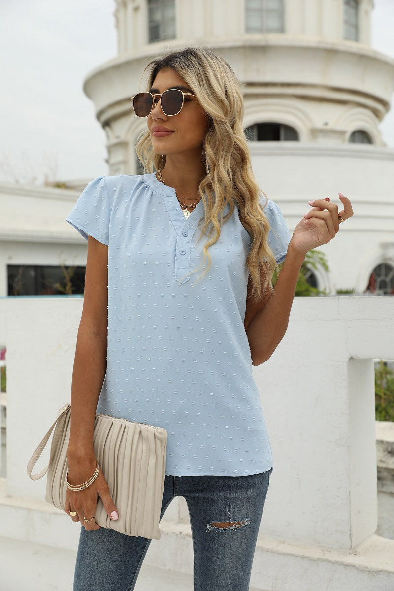 Swiss Dot Notched Neck Short Sleeve Top Pastel Blue Fitggins
