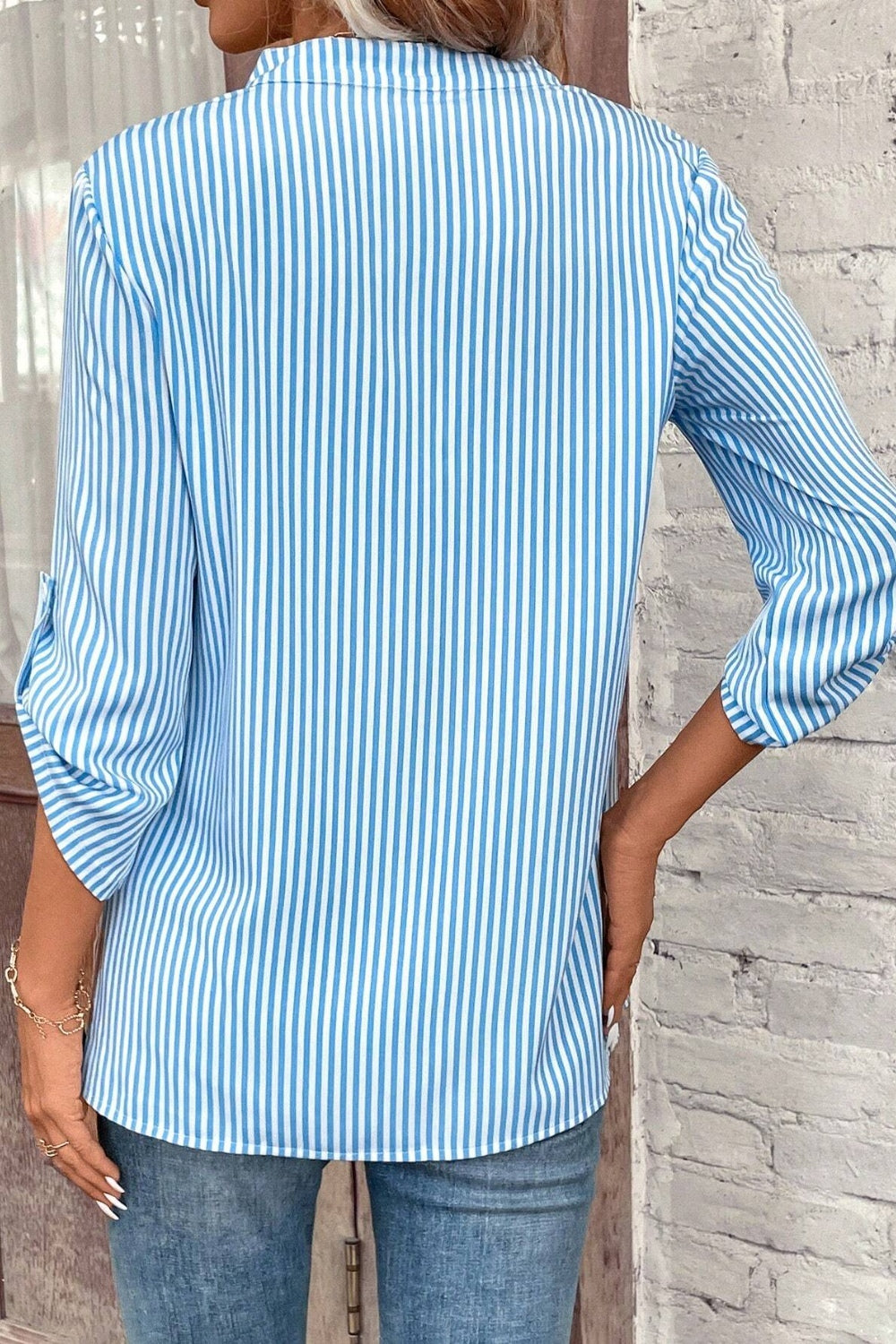 Striped Notched Roll-Tab Sleeve Shirt - Shirts - FITGGINS