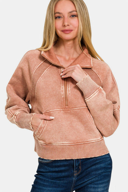 Zenana Acid Washed Half Zip Fleece Sweatshirt - Sweatshirts & Hoodies - FITGGINS