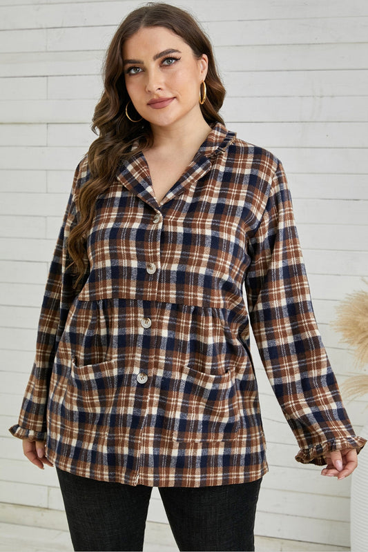 Plus Size Plaid Buttoned Collared Shacket - Shirts - FITGGINS