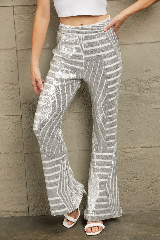 Double Take Sequin High Waist Flared Pants - Pants - FITGGINS