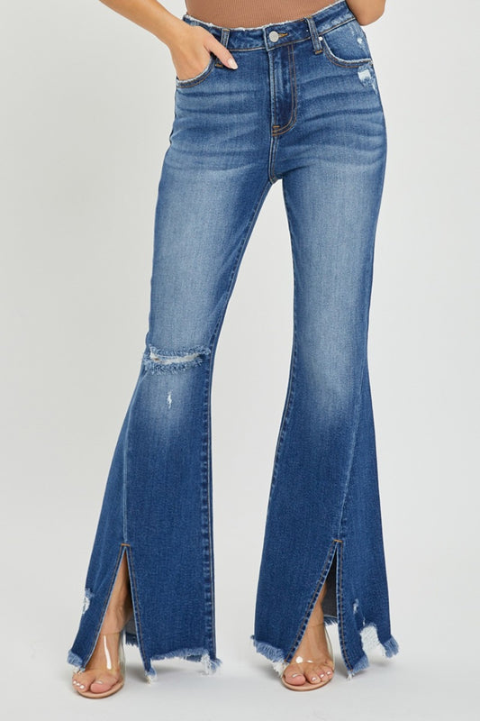 RISEN Full Size High Rise Front Slit Frayed Hem Flare Jeans - Jeans - FITGGINS