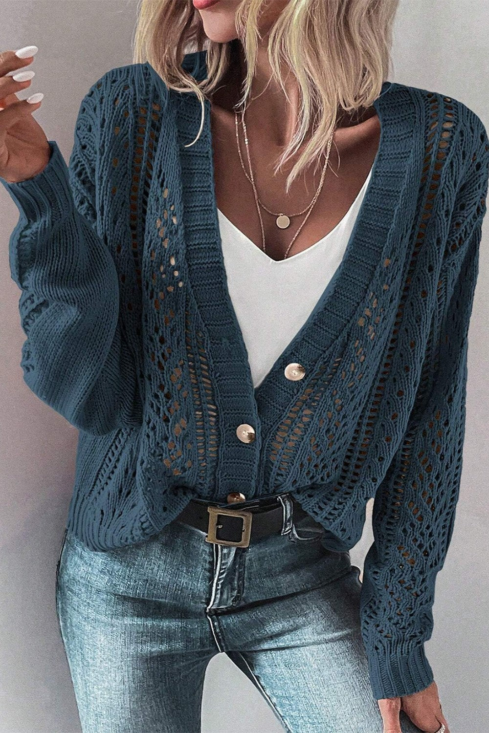 Openwork Button Up Long Sleeve Cardigan - Cardigans - FITGGINS