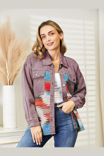 Dropped Shoulder Long Sleeve Printed Denim Jacket - Denim Jackets - FITGGINS