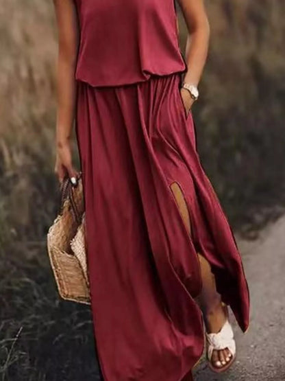 Full Size Round Neck Sleeveless Slit Maxi Dress Plus Size Fitggins