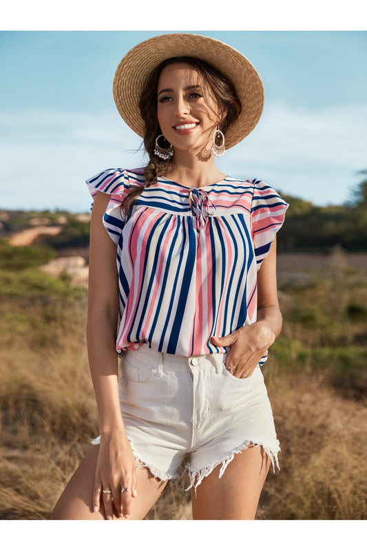 Honey Striped Flutter Sleeve Tied Blouse - Blouses - FITGGINS