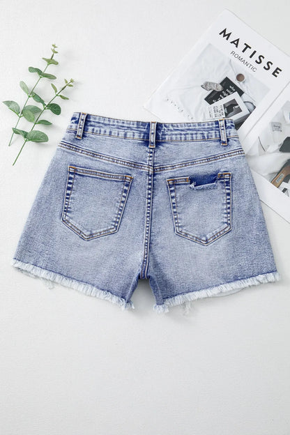 Pearl Studded Pockets Raw Hem Denim Shorts Fitggins