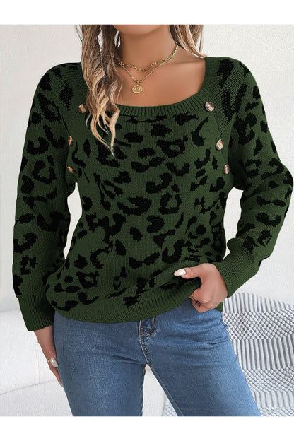 Leopard Buttoned Square Neck Sweater - Pullover Sweaters - FITGGINS