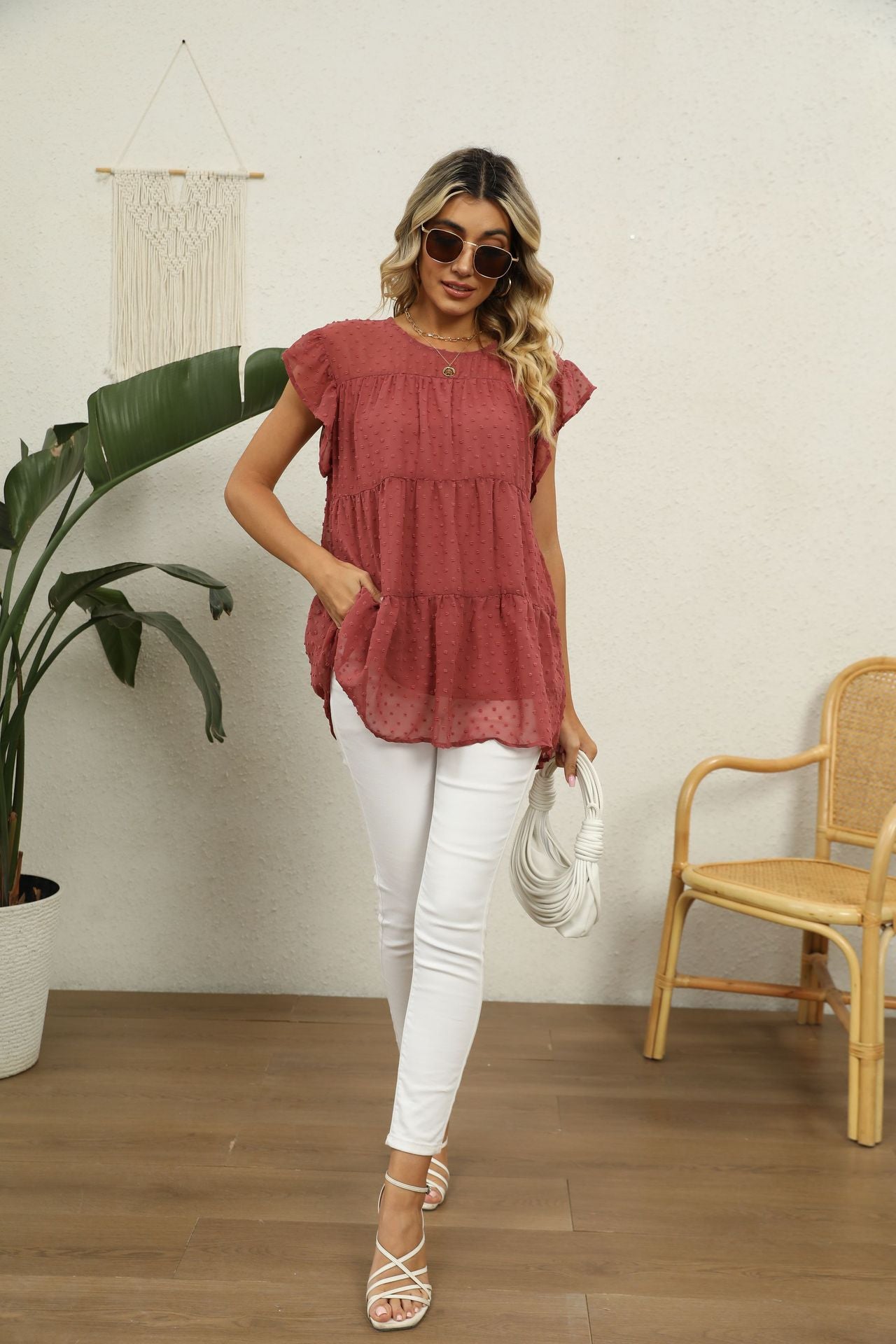 Swiss Dot Round Neck Tiered Blouse Fitggins