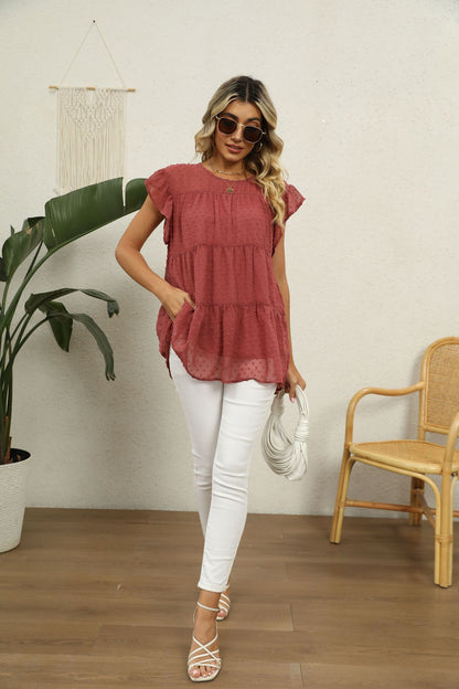 Swiss Dot Round Neck Tiered Blouse Fitggins