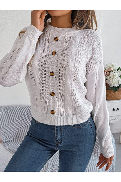 Cable-Knit Buttoned Round Neck Sweater - Pullover Sweaters - FITGGINS