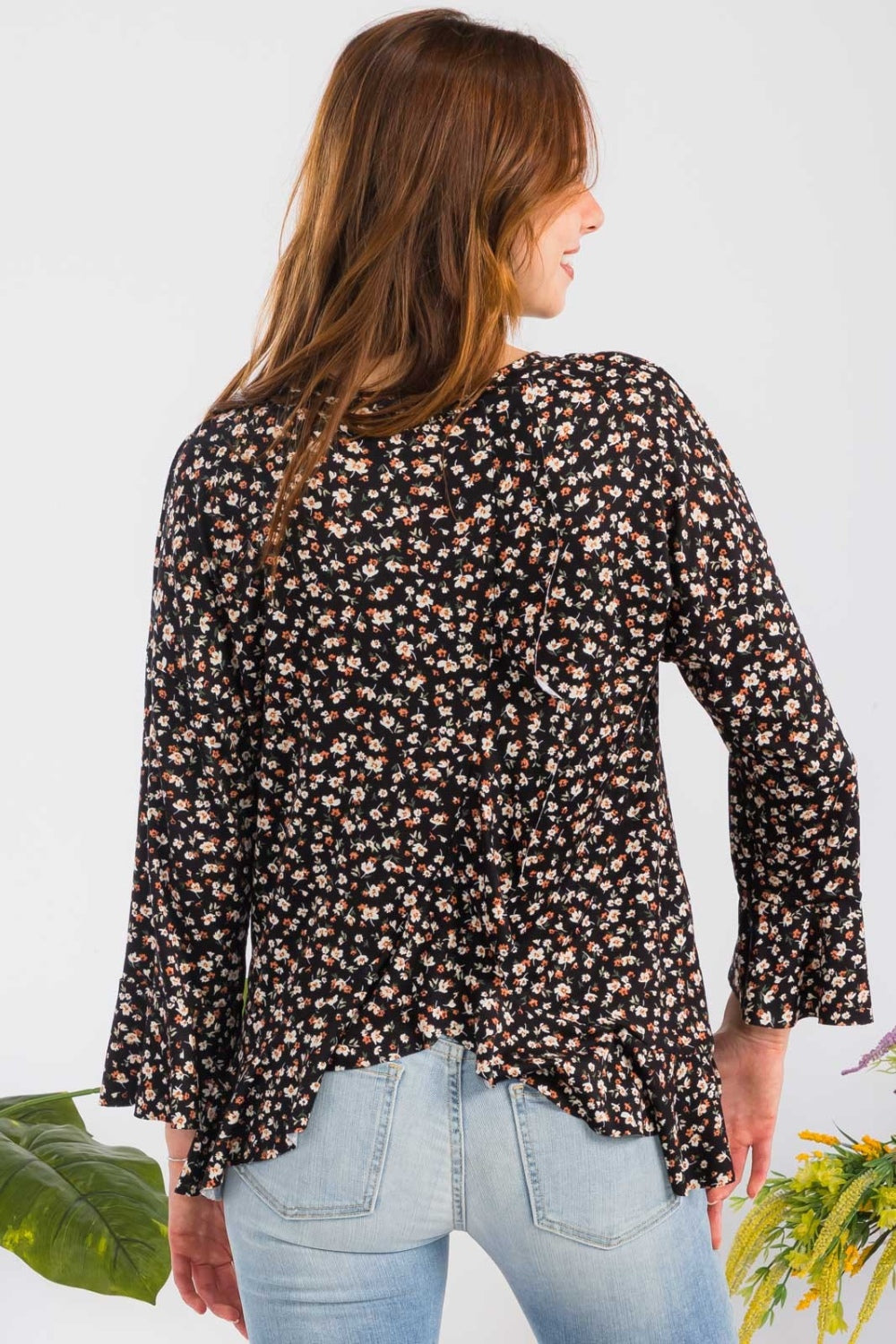 Celeste Full Size Floral Ruffle Detail Top - Shirts - FITGGINS