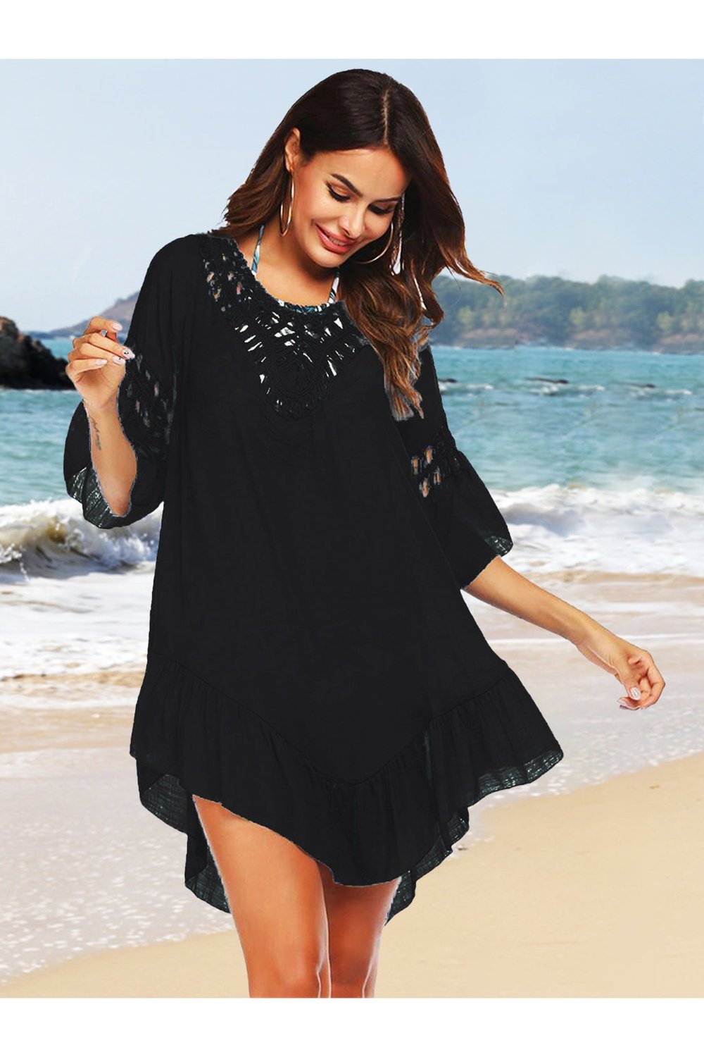 Backless Cutout Three-Quarter Sleeve Cover Up - Cover-Ups - FITGGINS