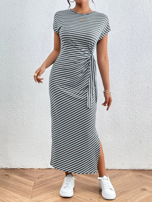 Honey Tied Striped Round Neck Short Sleeve Tee Dress Gray Fitggins
