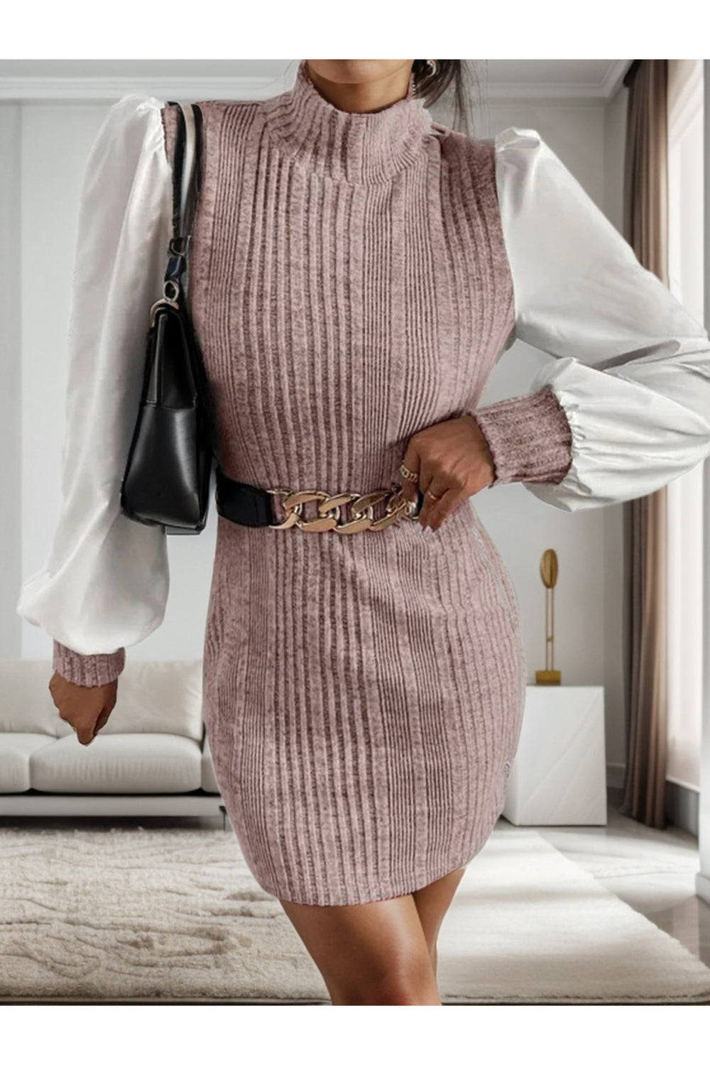 Ribbed Contrast Long Sleeve Sweater Dress - Sweater Dresses - FITGGINS