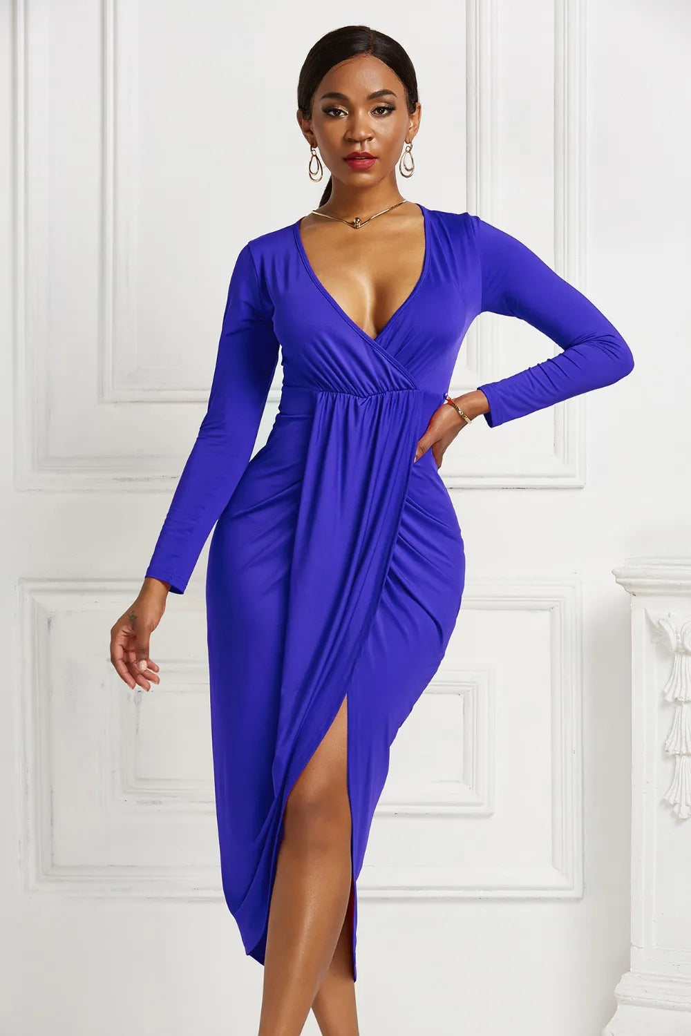 High-low Ruched Surplice Long Sleeve Dress Fitggins