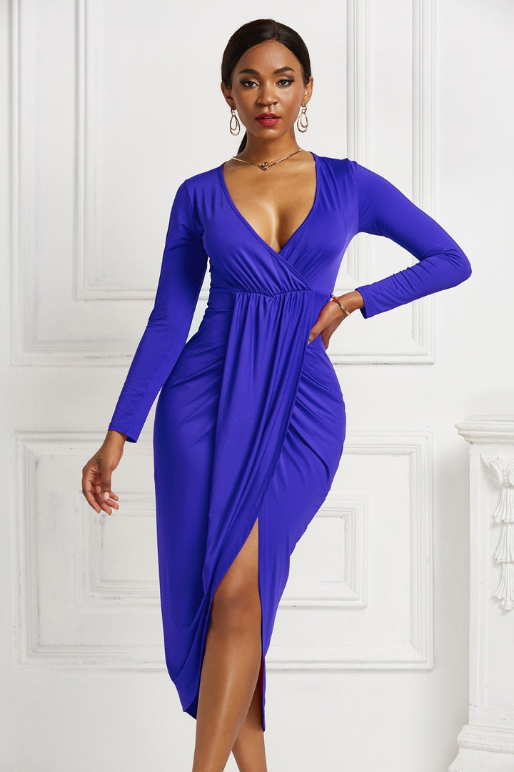 High-low Ruched Surplice Long Sleeve Dress - Cocktail Dresses - FITGGINS