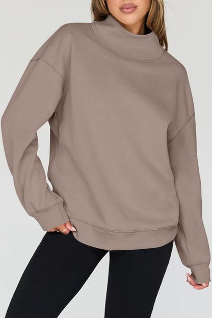 Mock Neck Drop Shoulder Long Sleeve Sweatshirt - Sweatshirts & Hoodies - FITGGINS