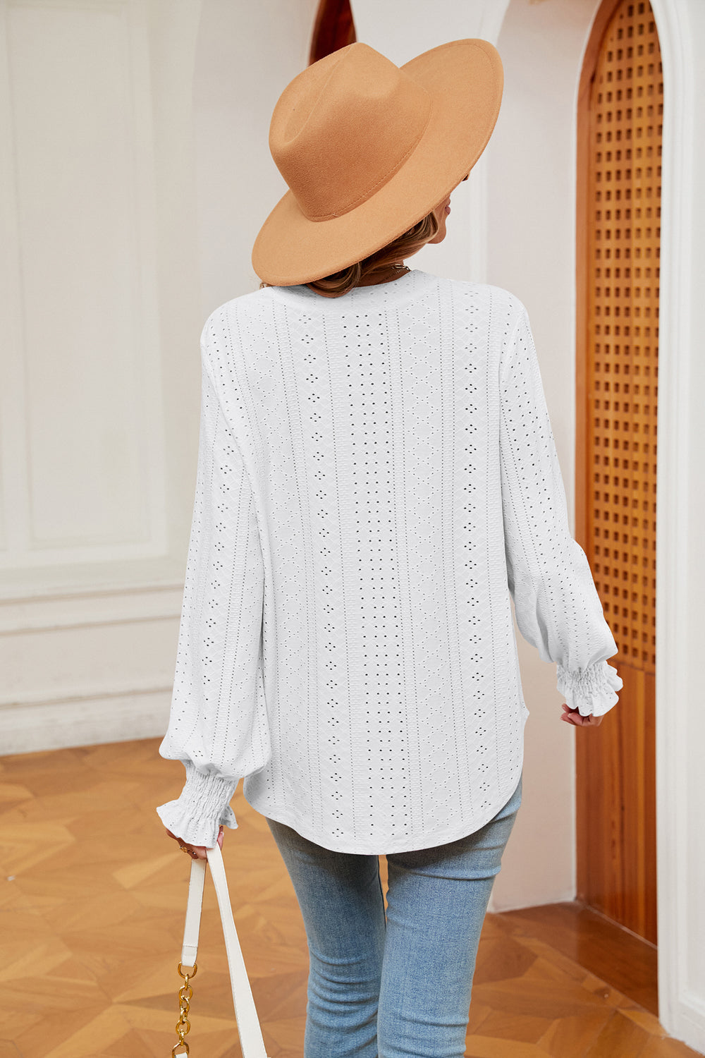 Notched Neck Flounce Sleeve Blouse Fitggins