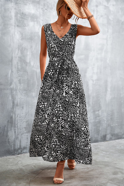 Printed V-Neck Tie Waist Maxi Dress - Casual & Maxi Dresses - FITGGINS