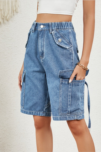 Buttoned Elastic Waist Denim Shorts with Pockets - Denim Shorts - FITGGINS