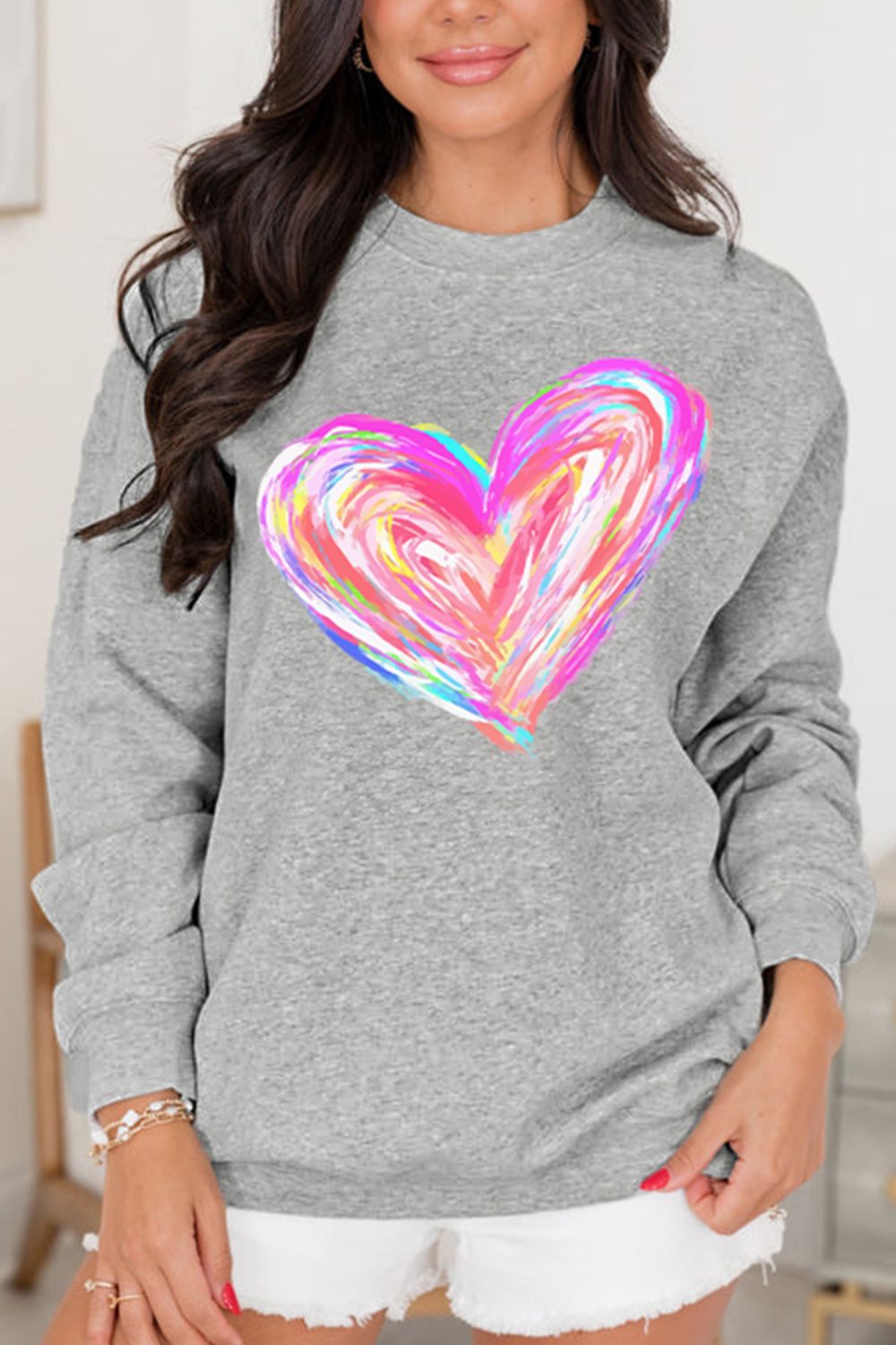 Valentine’s Day Heart Round Neck Drop Shoulder Sweatshirt - Sweatshirts & Hoodies - FITGGINS