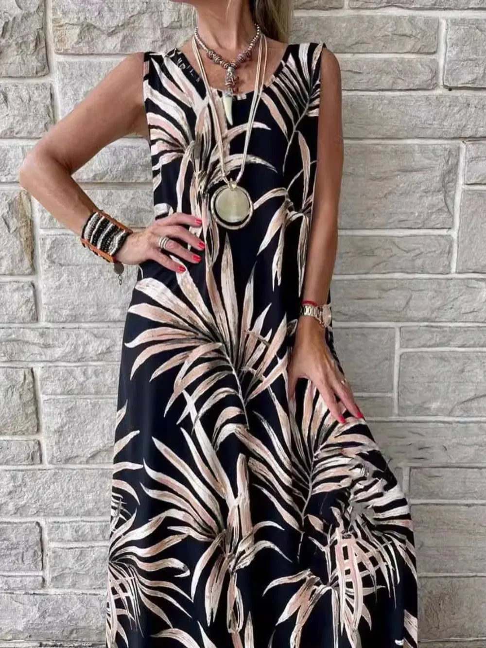 Printed Round Neck Mini Tank Dress Fitggins