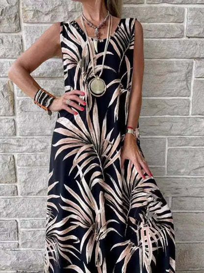 Printed Round Neck Mini Tank Dress Fitggins