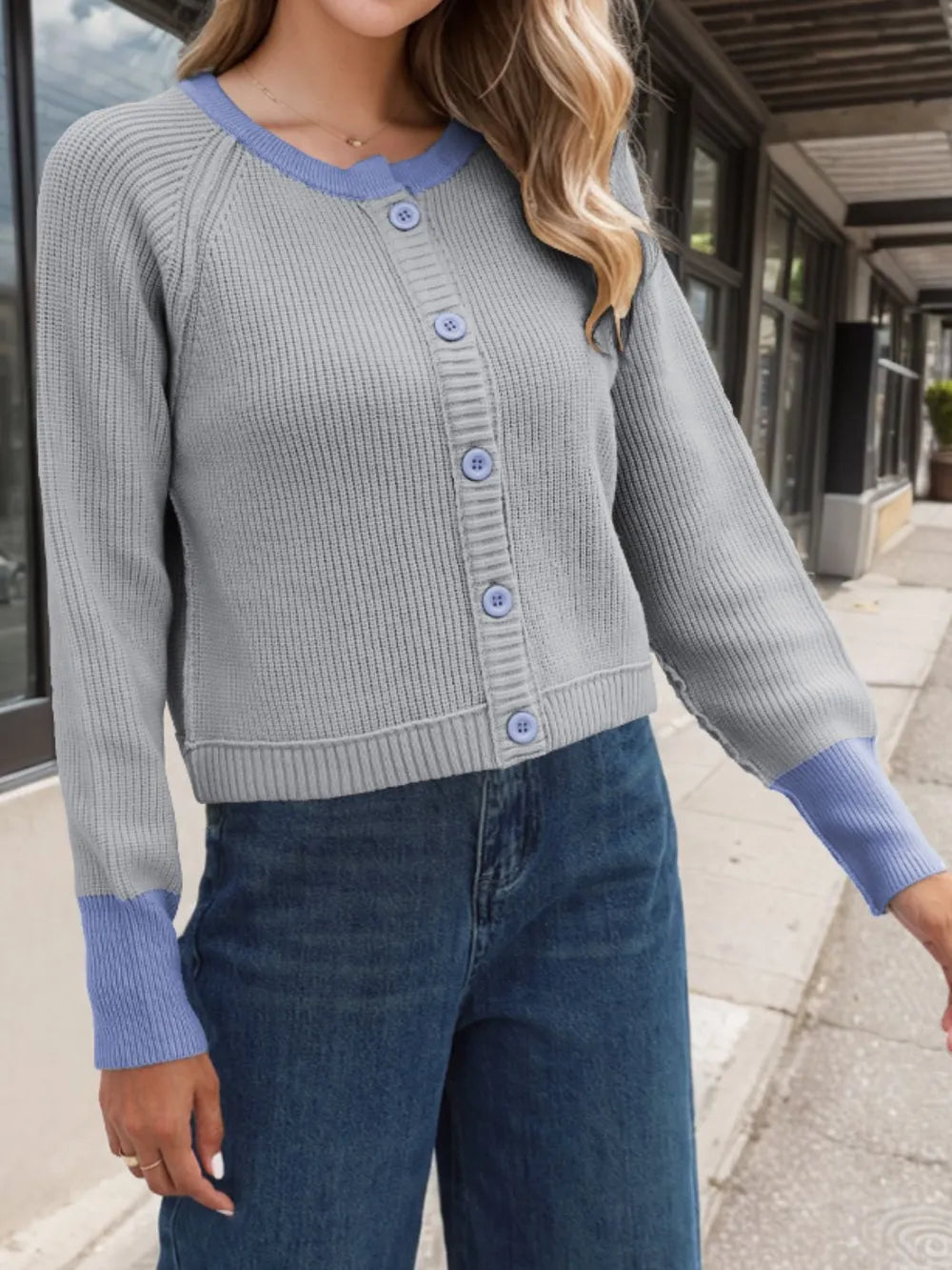 Contrast Button Up Long Sleeve Cardigan Fitggins