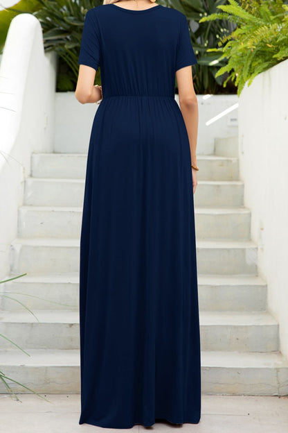 Round Neck Maxi Tee Dress with Pockets Fitggins