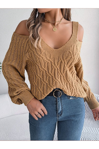 Cable-Knit Cold Shoulder Long Sleeve Sweater - Pullover Sweaters - FITGGINS