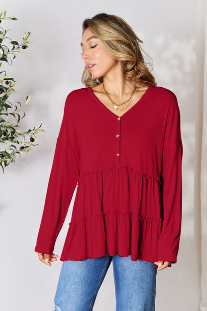 Double Take Half Button Long Sleeve Ruffle Hem Blouse - Blouses - FITGGINS