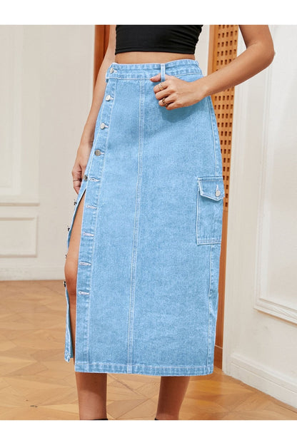 Button Down Midi Denim Skirt - Shirts - FITGGINS