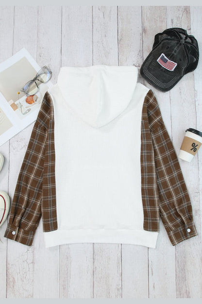 Waffle Knit Plaid Long Sleeve Kangaroo Pocket Hoodie - Sweatshirts & Hoodies - FITGGINS