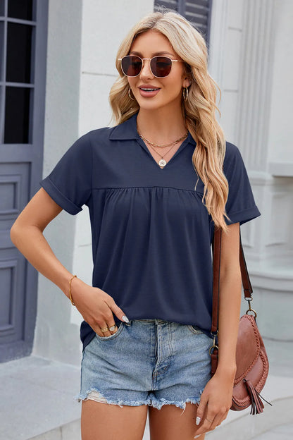 Ruched Johnny-Collar Short-Sleeve Blouse Fitggins