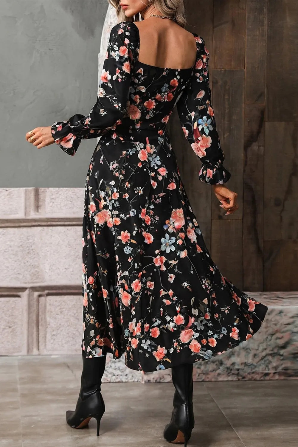 Floral Print Flounce Sleeve Midi Dress Fitggins