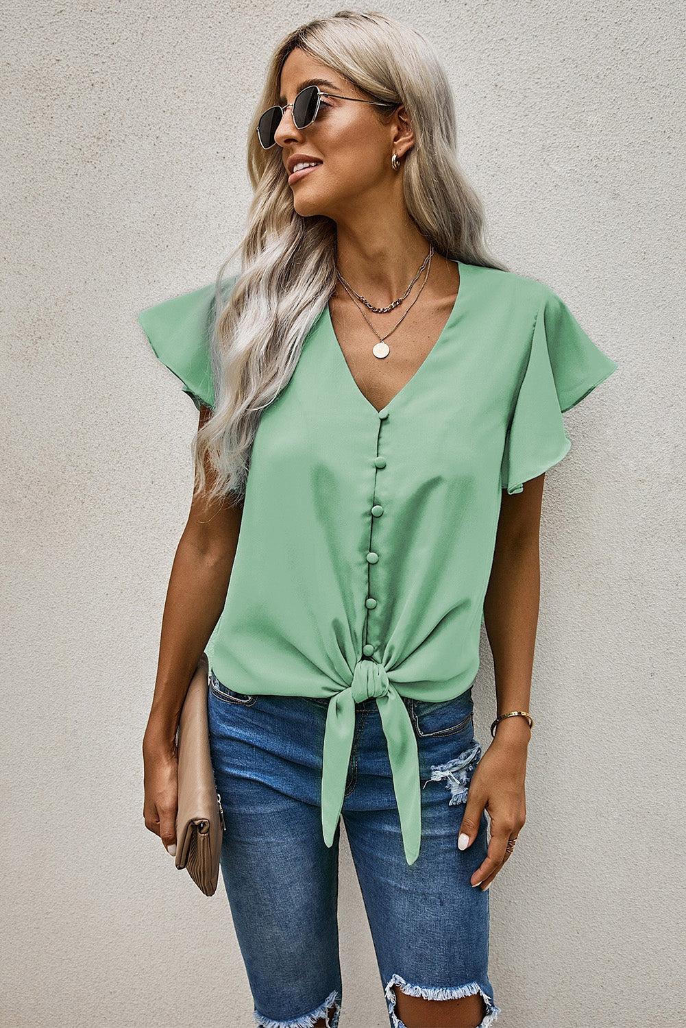 V-Neck Tie Hem Flutter Sleeve Blouse Gum Leaf Fitggins