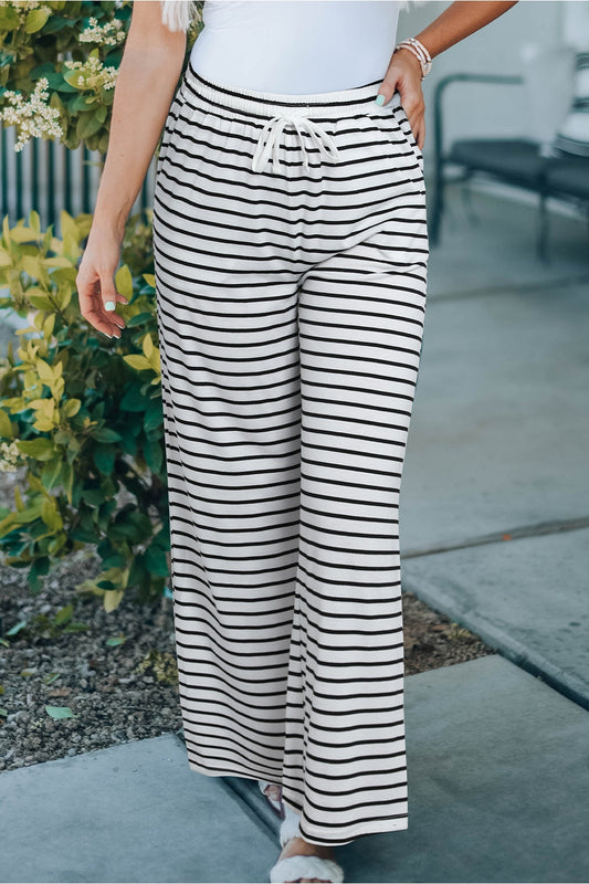 Striped Drawstring Waist Wide Leg Pants - Pants - FITGGINS