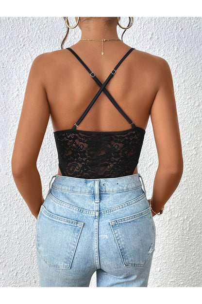 Crisscross Lace Spaghetti Strap Bodysuit - Bodysuit - FITGGINS