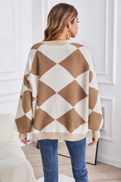 Geometric Lantern Sleeve Cardigan with Pockets Fitggins