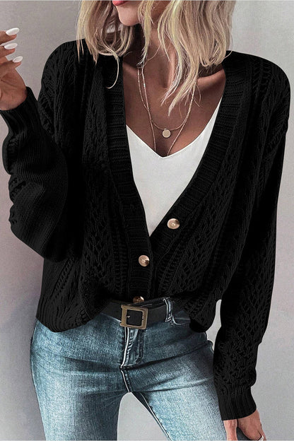 Openwork Button Up Long Sleeve Cardigan - Cardigans - FITGGINS