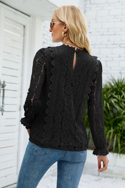 V-Neck Flounce Sleeve Lace Top Fitggins