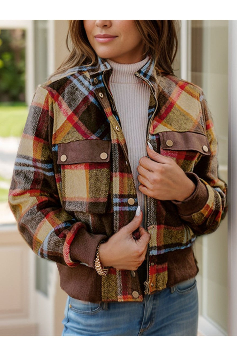 Pocketed Plaid Long Sleeve Jacket - Jackets - FITGGINS