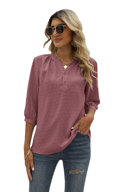 Swiss Dot Notched Neck Three-Quarter Sleeve Blouse Fitggins