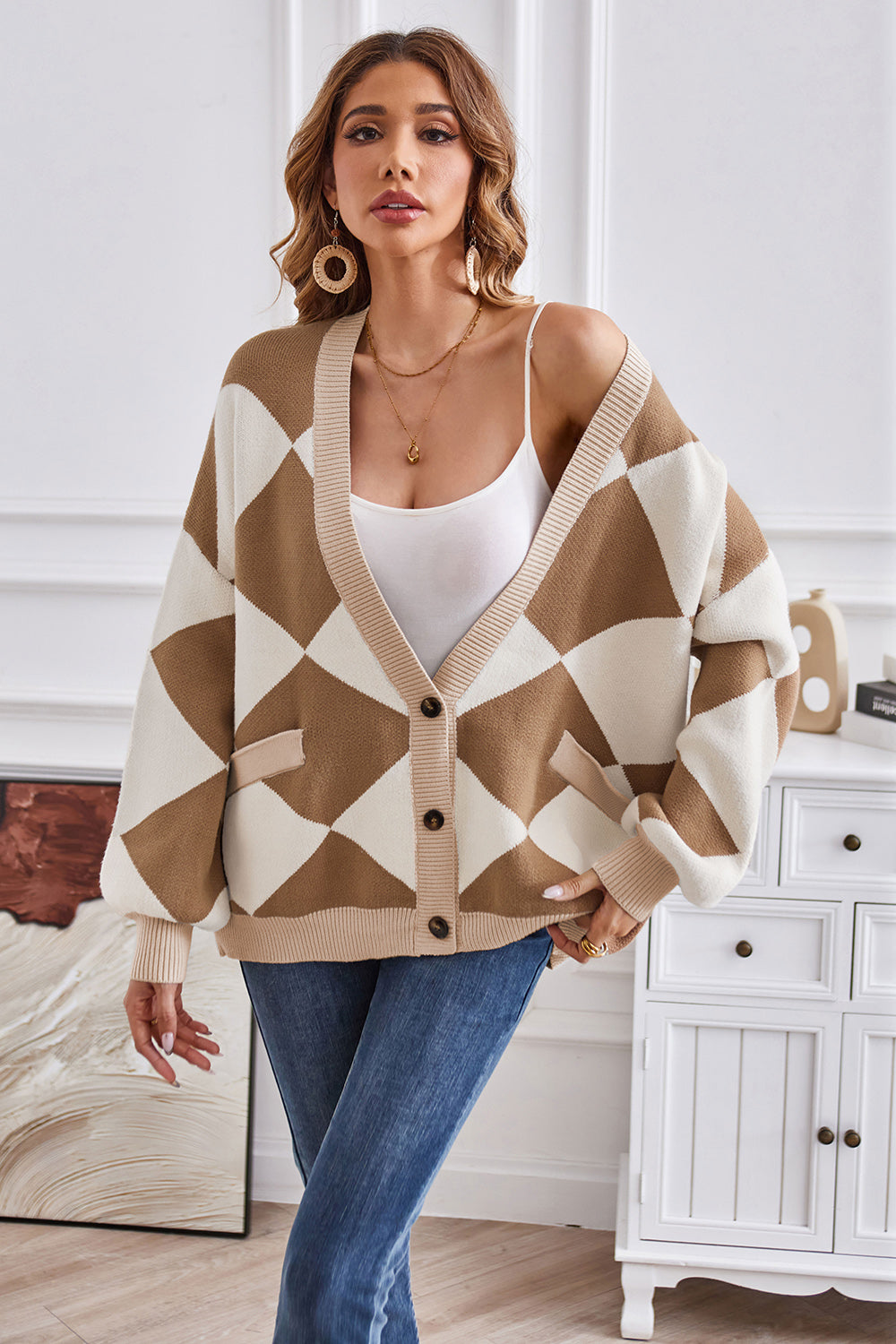 Geometric Lantern Sleeve Cardigan with Pockets Camel Fitggins
