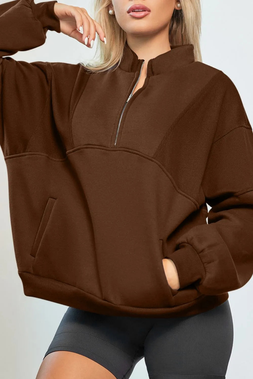 Half Zip Drop Shoulder Long Sleeve Sweatshirt Fitggins